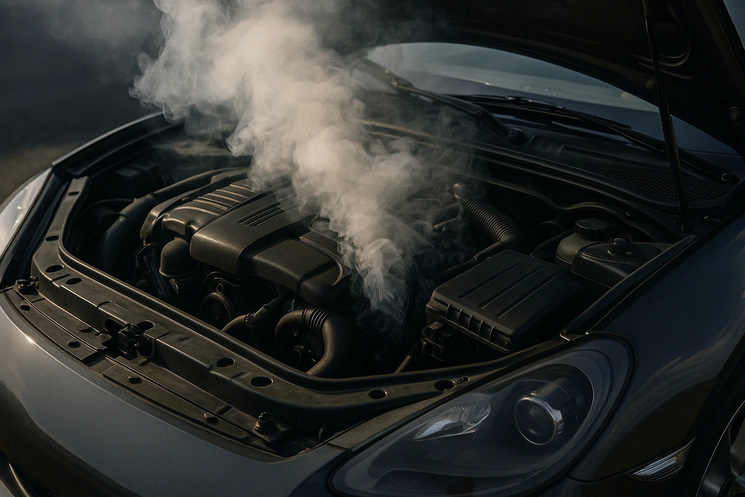 自動車のエンジンルームから白い煙が出ている様子を撮影した高解像度画像